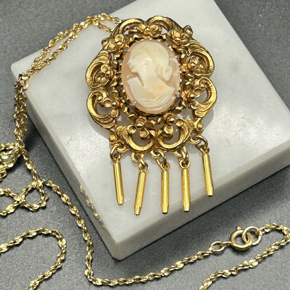 Vintage Florenza Cameo Brooch Pendant Pin Necklace #E402 gold tone